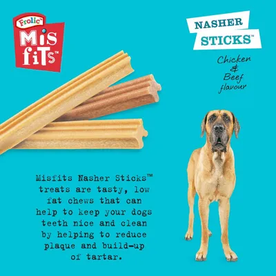 Misfits Nasher Sticks treats, chicken and beef flavour, are low fat chews that help keep teeth clean by reducing plaque and tartar build-up.