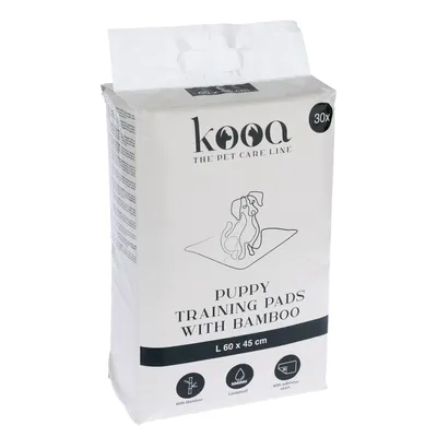 kooa Puppy Training Pads с бамбуком, размер L 60 x 45 см, 30 штук. Характеристики: из бамбука, водонепроницаемые, с клеевыми поверхностями.