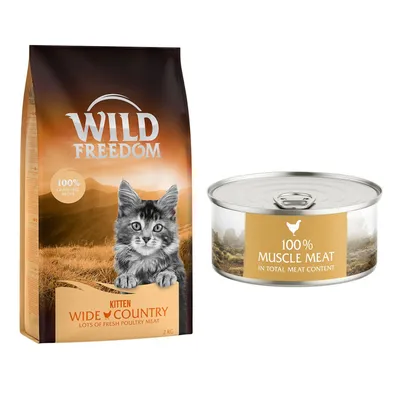 Wild Freedom Kitten Wide Country dry food 2kg bag with cat image, text '100% grain free recipe', and tin labelled '100% muscle meat in total meat content' with chicken icon