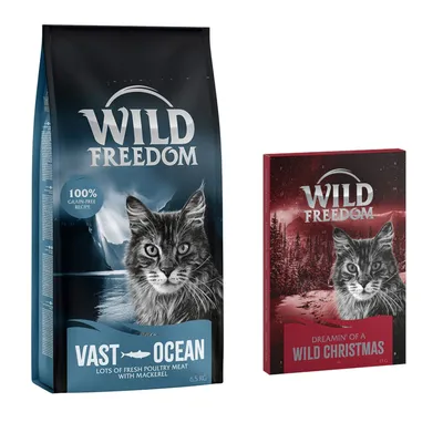 Wild Freedom Vast Ocean 6,5 kg a Dreamin' of a Wild Christmas 18 g. 100% grain-free recipe. Lots of fresh poultry meat with mackerel. Obaly s obrázkem kočky.