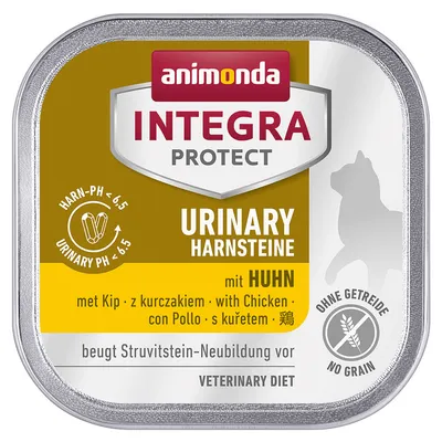 animonda INTEGRA PROTECT URINARY HARNSTEINE mit HUHN, без зърнени храни, ветеринарна диета, Urinary pH < 6.5, с изображение на котка и текст на няколко езика за пиле.