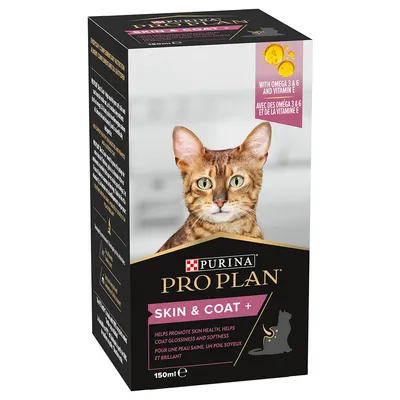 Caja de suplemento para gatos Purina Pro Plan Skin & Coat+, 150 ml. Texto visible: 'With omega 3 & 6 and vitamin E'. Imagen de un gato en el frontal del envase.