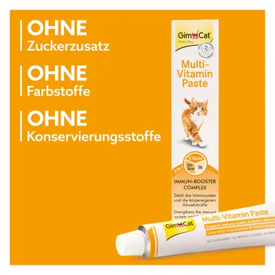 GimCat Multi-Vitamin Paste, Immun-Booster Complex. Ohne Zuckerzusatz, ohne Farbstoffe, ohne Konservierungsstoffe. Stärkt das Immunsystem und die körpereigenen Abwehrkräfte.
