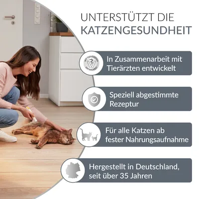 Unterstützt die Katzengesundheit: In Zusammenarbeit mit Tierärzten entwickelt, speziell abgestimmte Rezeptur, für alle Katzen ab fester Nahrungsaufnahme, hergestellt in Deutschland seit über 35 Jahren.