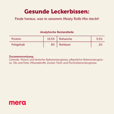 Gesunde Leckerbissen: Analytische Bestandteile Protein 15,5%, Fettgehalt 8%, Rohasche 5,5%, Rohfaser 2%. Zusammensetzung: Getreide, Fleisch, pflanzliche und tierische Nebenerzeugnisse.