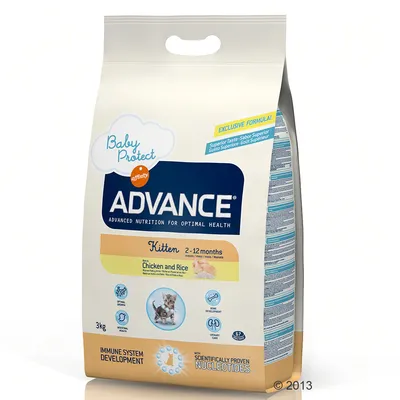 Advance Baby Protect Kitten 2–12 months, Chicken and Rice, 3 kg. Immune system development med scientifically proven nucleotides. Billede af killing på posen.