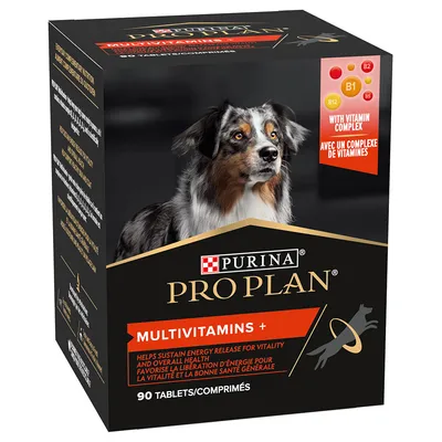 Кутия Purina Pro Plan Multivitamins+ за кучета, 90 таблетки. Видим текст: With vitamin complex, B1, B2, B12, B5. Снимка на куче отпред на опаковката.