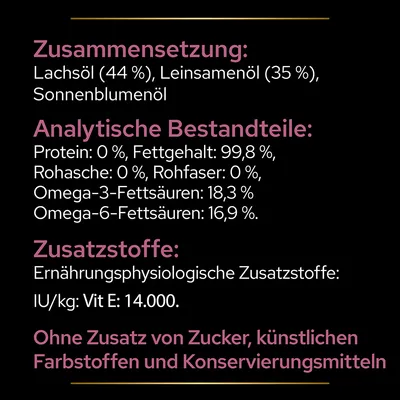 Zusammensetzung: Lachsöl 44 %, Leinöl 35 %, Sonnenblumenöl. Analytische Bestandteile: Fettgehalt 99,8 %, Omega-3-Fettsäuren 18,3 %. Ohne Zucker, künstliche Farb- und Konservierungsstoffe.