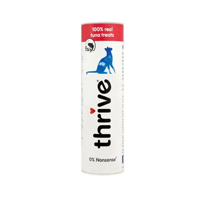 Tube labelled 100% real tuna treats, 0% Nonsense, with a blue animal silhouette and the word thrive.