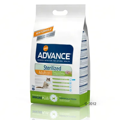 Advance Sterilized Adult Turkey and Barley kattefoder, 3 kg. Tekst: NEW FORMULA!, Calorie Control, Urinary Care, Dental Protection, Intestinal Health, IMMUNEPLUS, Scientifically Proven.