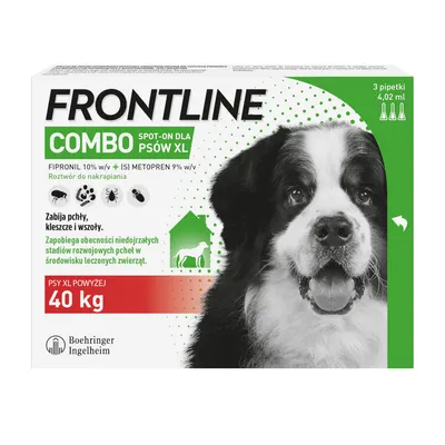 Frontline Combo Spot-On dla psów XL powyżej 40 kg, 3 pipetki 4,02 ml. Zawiera fipronil 10% i (S)-metopren 9%. Zabija pchły, kleszcze i wszoły. Boehringer Ingelheim.