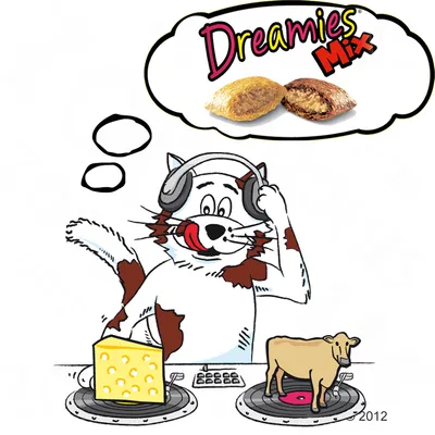 Надпись Dreamies Mix и изображение двух подушечек. Иллюстрированный кот с наушниками, сыр и корова на виниловых пластинках. Текст Dreamies Mix на английском языке.