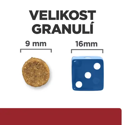 Velikost granulí: granule o průměru 9 mm vedle modré kostky o velikosti 16 mm, s popisky rozměrů.