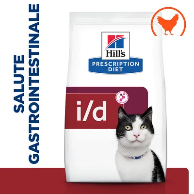Hill's Prescription Diet i/d per gatti, salute gastrointestinale, simbolo pollo in alto a destra, scritta verticale 'SALUTE GASTROINTESTINALE' a sinistra sulla confezione.