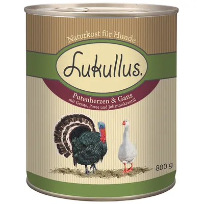 Lukullus Naturkost für Hunde, Putenherzen & Gans mit Gerste, Poree und Johanniskraut, konzerva od 800 g. Tekst na njemačkom jeziku.
