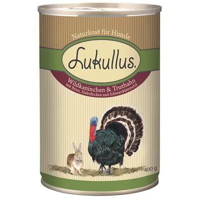 Lukullus Naturkost für Hunde, Wildkaninchen & Truthahn, mit Birne, Haferflocken und Schwarzkümmel, 400 g. Kuvassa kani ja kalkkuna.