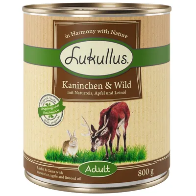 Lukullus kanin og vildt med natur ris, æble og hørfrøolie. Adult, 800 g dåse. Oprindelig smag, Original taste.