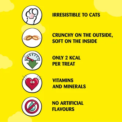 Irresistible to cats, crunchy on the outside and soft on the inside, only 2 kcal per treat, contains vitamins and minerals, no artificial flavours.