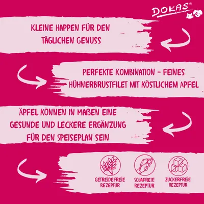 Dokas. Kleine Happen für den täglichen Genuss, feines Hühnerbrustfilet mit köstlichem Apfel. Getreidefreie, sojafreie und zuckerfreie Rezeptur.