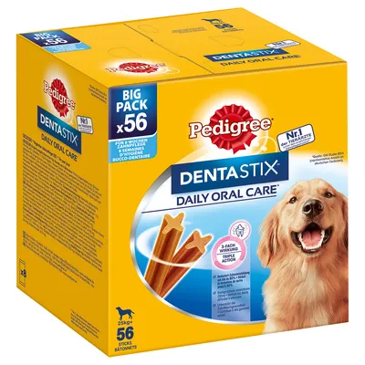 Balenie Pedigree Dentastix Daily Oral Care, 56 tyčiniek pre psy nad 25 kg. Viditeľný nápis BIG PACK x56, obrázok psa a tyčiniek, text v angličtine a nemčine.