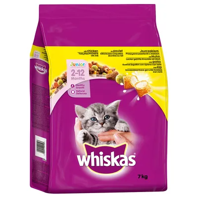 Whiskas Junior 2–12 Months суха храна за котенца, 7 кг. Видими надписи: Healthy Growth, Natural Defences, with chicken, Tasty filled pockets with milk.