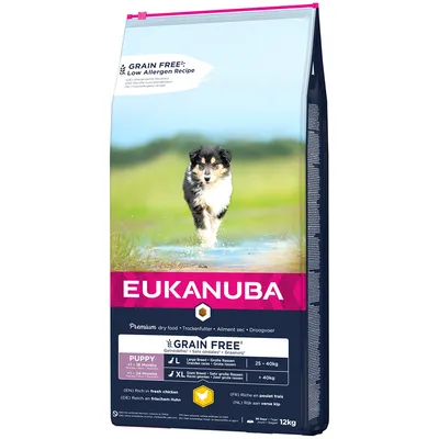 Eukanuba Premium hrană uscată pentru căței, rețetă fără cereale, bogată în carne proaspătă de pui. Potrivit pentru rase mari (25-40kg) și foarte mari (>40kg). Mărime pachet: 12kg.