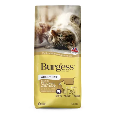 Burgess Adult Cat food, rich in chicken with duck, complete food. Highlights: dental health, skin and coat health, digestive comfort. 10kg pack. Recyclable packaging.