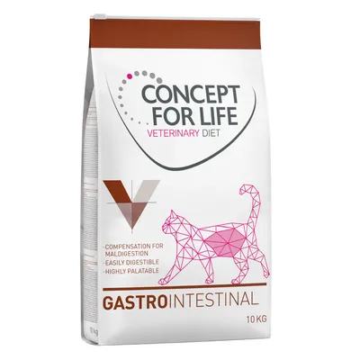 Saco de pienso Concept for Life Veterinary Diet Gastrointestinal para gatos, 10 kg. Texto visible: compensation for maldigestion, easily digestible, highly palatable.
