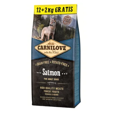 Carnilove into the Wild tørfoder til voksne hunde, variant laks. Kornfri, kartoffelfri. 12+2 kg gratis. Kød af høj kvalitet, skovbær, grøntsager og urter.