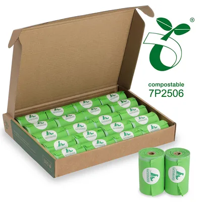 Grüne kompostierbare Hundekotbeutel, zertifiziert mit 7P2506. Verpackung enthält mehrere Rollen in einer Kartonbox.