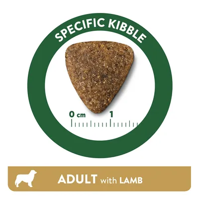 Croquette triangulaire avec règle de 0 à 1 cm, texte visible : SPECIFIC KIBBLE, ADULT with LAMB, silhouette de chien adulte.