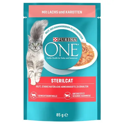 Purina ONE Sterilcat, 85 g. Mit Lachs und Karotten. Hilft, das Darmmikrobiom zu unterstützen. Gewichts­kontrolle, unterstützt gesunde Harnwege. Tekst w języku niemieckim.