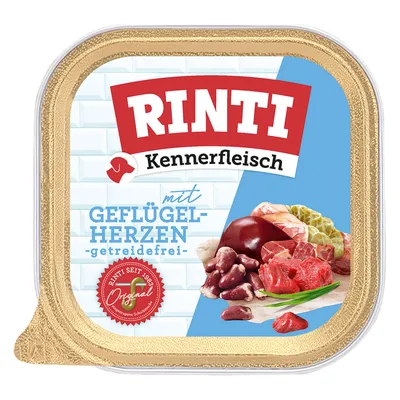 Rinti Kennerfleisch mit Geflügelherzen, getreidefrei. Rinti seit 1893 Original.