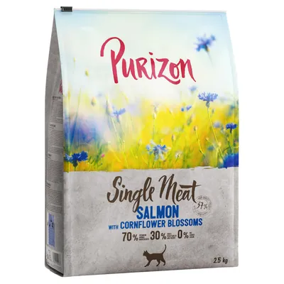 Purizon Single Meat Salmon con fiordaliso, 70% ingredienti animali, 30% frutta e verdura, 0% cereali. Crocchette per gatti, confezione da 2,5 kg.