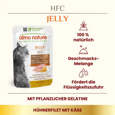 almo nature HFC Jelly, filet de poulet avec fromage pour chat adulte. Texte en allemand : 100 % natürlich, Geschmacks-Melange, Fördert die Flüssigkeitszufuhr, mit pflanzlicher Gelatine.