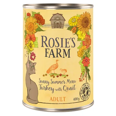 Konzerva ROSIE'S FARM Sunny Summer Menu Turkey with Quail, ADULT, 400 g, Grain-Free Recipe. Ilustrace kočky, květin a farmy na obalu.
