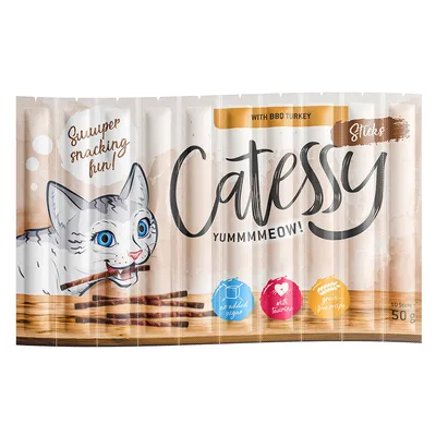 Catessy Sticks with BBQ turkey, no added sugar, with taurine, grain-free. Packaging shows a cat and 10 sticks, total weight 50g.