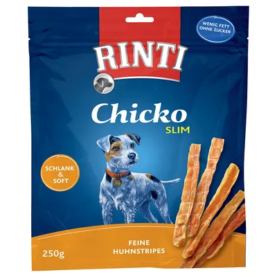 Rinti Chicko Slim, fâșii fine de pui, 250g. Subțire și moale, puține grăsimi, fără zahăr.