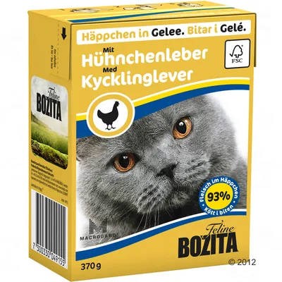 Feline Bozita Häppchen in Gelee s kuracou pečeňou, 93 % mäsa v kúskoch, FSC certifikát, 370 g. Text v nemčine a švédčine.