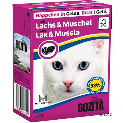 Feline Bozita Häppchen in Gelee, Lachs & Muschel, 370 g. FSC certifikát na obale. Text v nemčine a švédčine.