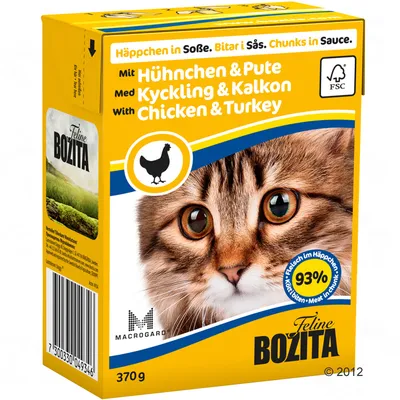 Feline Bozita hrana za mačke s piletinom i puretinom, 370 g. Vidljiv tekst: 93 % mesa u komadićima, MacroGard, FSC. Tekst na engleskom, njemačkom i švedskom jeziku.