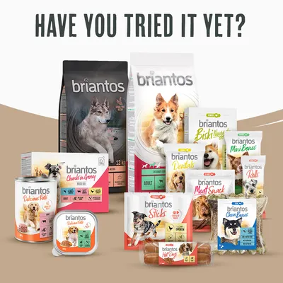 Briantos product range: dry food, wet food and snacks for dogs. Various types such as Biskinuggets, Dentals, Meat Snack, Sticks, Chew Bones and Hot Dogs visible.