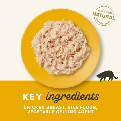 Key ingredients: chicken breast, rice flour, vegetable gelling agent. Made with natural ingredients. Text shown on image with shredded food on yellow plate and cat silhouette.