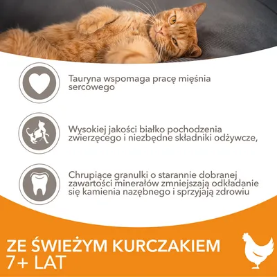 Tauryna wspomaga pracę mięśnia sercowego, wysokiej jakości białko zwierzęce i składniki odżywcze, chrupiące granulki zmniejszają kamień nazębny. Ze świeżym kurczakiem 7+ lat.