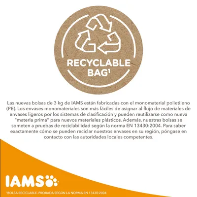 Texto en inglés: Recyclable bag. IAMS. Las nuevas bolsas de 3 kg están fabricadas con polietileno monomaterial y son reciclables según la norma EN 13430:2004.