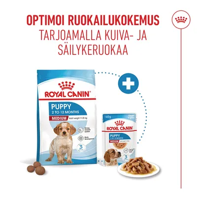 Royal Canin Puppy Medium 2–12 kuukautta, kuiva- ja märkäruoka, suositellaan optimaaliseen ruokintakokemukseen. Pakkaukset ja ruoka-annokset kuvattu. Royal Canin Puppy Medium 2–12 kuukautta, kuiva- ja märkäruoka, suositellaan optimaaliseen ruokintakokemukseen. Pakkaukset ja ruoka-annokset kuvattu.