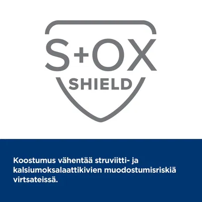 S+OX Shield. Koostumus vähentää struviitti- ja kalsiumoksalaattikivien muodostumisen riskiä virtsateissä.