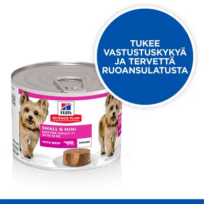 Hill's Science Plan Small & Mini Mature Adult 7+ Up to 10 kg with Beef Mousse -koiranruokapurkki. Teksti: Tukee vastustuskykyä ja tervettä ruoansulatusta.