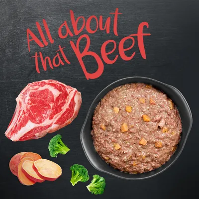 All about that Beef. Slika prikazuje surovo goveje meso, brokoli, rezine sladkega krompirja in skledo z mesno jedjo.