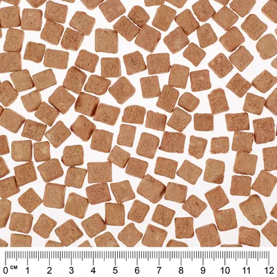 Kwadratowe, brązowe przysmaki dla zwierząt o wymiarach ok. 1 cm każdy, widoczne na tle z miarką centymetrową od 0 do 12 cm.